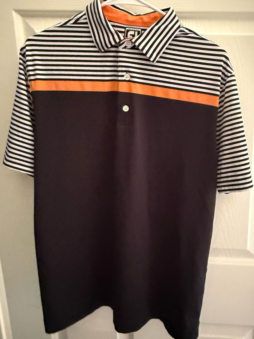Men's Footjoy Striped golf Polo Shirt in black and white and orange stripes